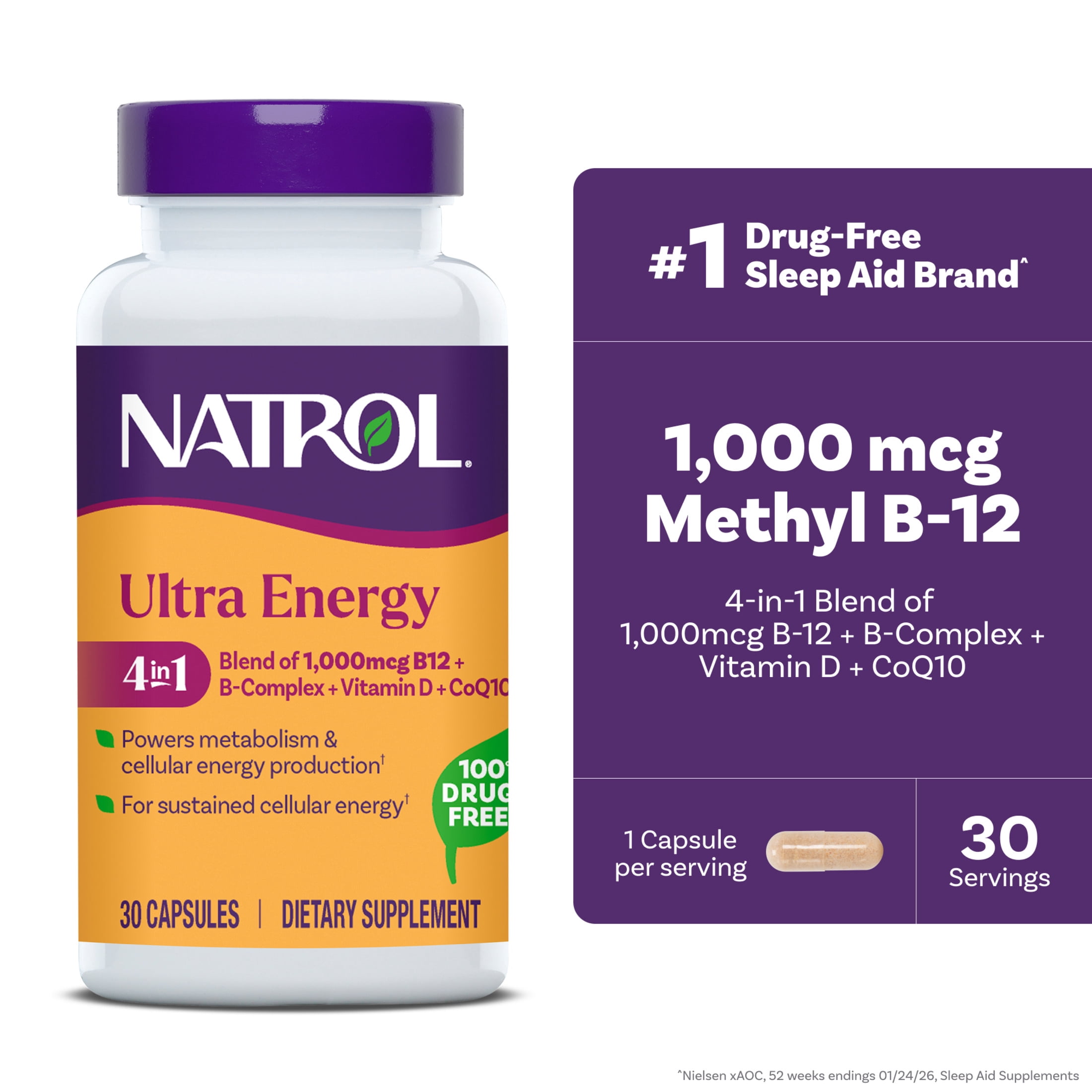 Natrol Ultra Energy 4-in-1 Blend 1000mcg B12, Vitamin B Complex, Vitamin D, CoQ10 Capsules 30 Ct, Vegetarian, Caffeine Free, Supports Cellular Energy Production