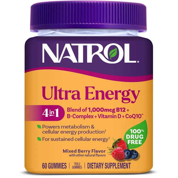 Natrol Ultra Energy 4-in-1, B12, B Complex, Vitamin D, CoQ10, 60 Gummies