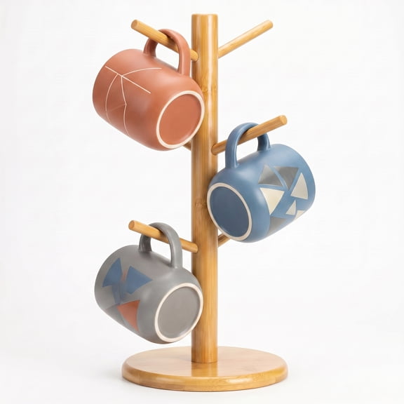Coffee Mug Tree for Countertop with 6 Hooks, Space Saving Mug Holder Organizer with Stable Base for Coffee Bar, Kitchen and Office-Natrual