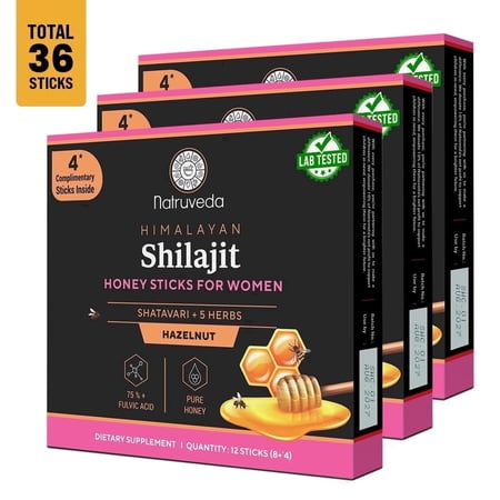 Natruveda Himalayan Shilajit Honey Sticks for Women, Shatavari, 5 Herbs, Hazelnut, 12 Count (3 Pack)
