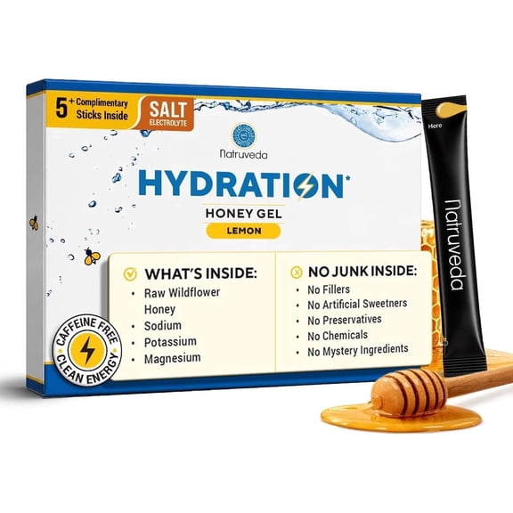 Natruveda Hydration Honey Gel Sticks with Electrolytes, Raw Wildflower Honey, Sodium Potassium Magnesium, Dietary Supplement, Natural, 15 Count