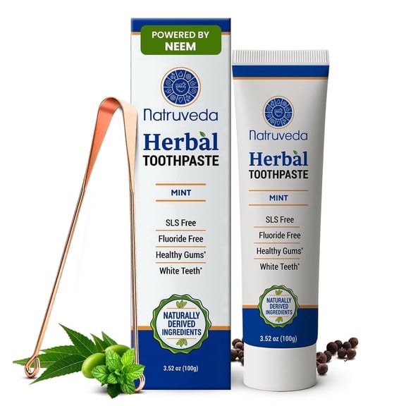 Natruveda Neem Herbal Toothpaste with Complimentary Copper Tongue Scraper | Fluoride Free, SLS Free, Natural Toothpaste for Adults | Ayurvedic Oral Care with Mint & 8 Herbal Ingredients | 3.52 oz