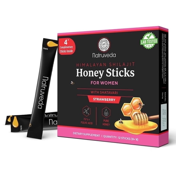 Natruveda Shilajit Honey Sticks for Women, Shilajit for Women - Shatavari & Saffron for hormonal Balance & Energy 12 Sticks Strawberry | 75%+ Fulvic Acid, 85+ Trace Minerals | Lab Tested