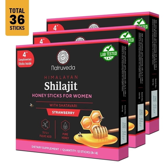 Natruveda Shilajit Honey Sticks for Women, Shilajit for Women - Shatavari & Saffron for hormonal Balance & Energy 12 Sticks  Strawberry | 75%+ Fulvic Acid, 85+ Trace Minerals | Lab Tested (3 Pack)