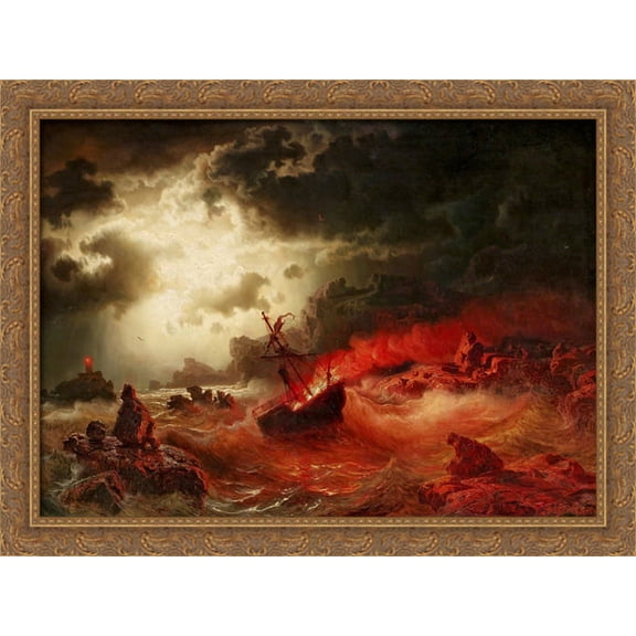 Nattlig marin med brinnande fartyg 38x28 Large Gold Ornate Wood Framed Canvas Art by Marcus Larson
