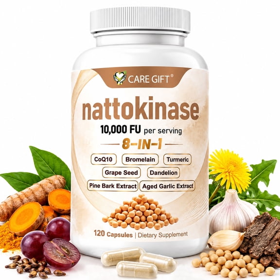 Nattokinase 10,000 FU Per Serving, 120 Veggie Capsules, Natural Natto Enzyme with CoQ10, Turmeric, Aged Garlic & Pine Bark. Non-GMO, Gluten-Free