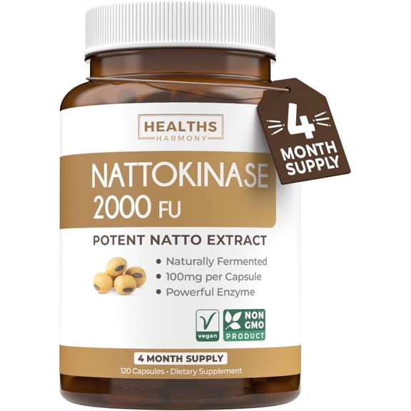 Healths Harmony Nattokinase 2000 FU, 100mg Nattokinase Supplement, Vegan & Non-GMO, 120 Capsules
