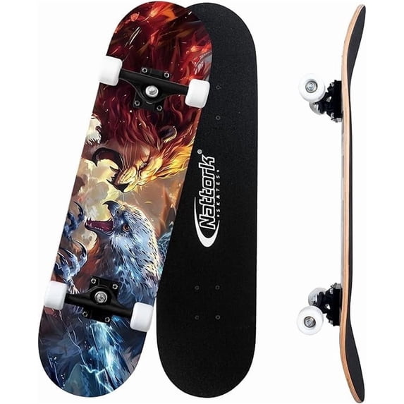 31 Inch Complete Skateboard with PU Wheels, Wood 9 Layer Canadian Maple Trick Board for Boys Girls Youth Teens Gift for Beginners Lion Hawk(Gen 2)