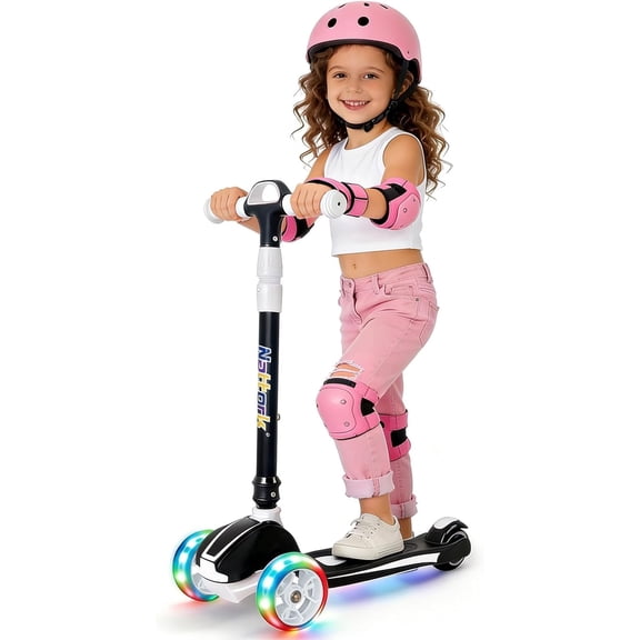Nattork Kids Scooter for Age 3-5, Toddler Scooter with 4 Adjustable Height for Boys & Girls, Light Up 3-Wheels Foldable Kick Scoote, Lean to Steer, 120LB Weight Capacity Age 5-8 Black&White
