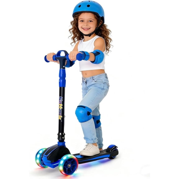 Kids Scooter for Age 3-5, Toddler Scooter with 4 Adjustable Height for Boys & Girls, Light Up 3-Wheels Foldable Kick Scoote, Lean to Steer, 120LB Weight Capacity Age 5-8 Blue