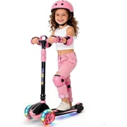 Kids Scooter for Age 3-5, Toddler Scooter with 4 Adjustable Height for Boys & Girls, Light Up 3-Wheels Foldable Kick Scoote, Lean to Steer, 120LB Weight Capacity Age 5-8 Pink