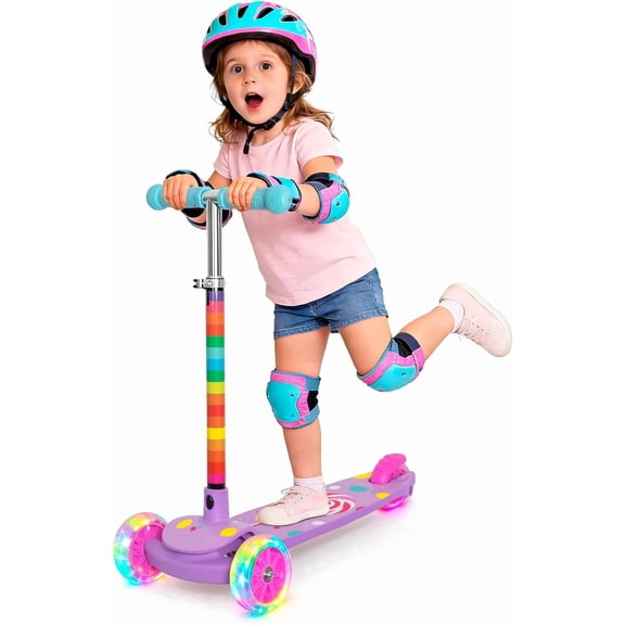 Lollipop 3-Wheel Toddler Scooter for Girls Kids Boys – Adjustable Height Kick Scooter with Light-Up Wheels, Anti-Slip Deck, Lean-to-Steer Design for Ages 2-8 Rainbow Color