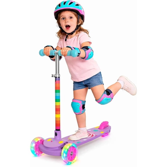 Lollipop 3-Wheel Toddler Scooter for Girls Kids Boys – Adjustable Height Kick Scooter with Light-Up Wheels, Anti-Slip Deck, Lean-to-Steer Design for Ages 2-8 Rainbow Color