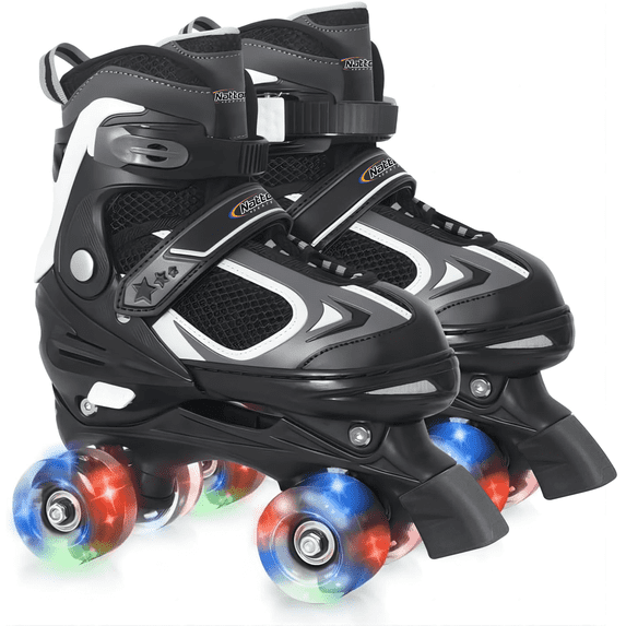 Nattork Roller Skates for Boys Girls Kids 4 Sizes Adjustable Quad Skates with Illuminating Wheels Black Size L