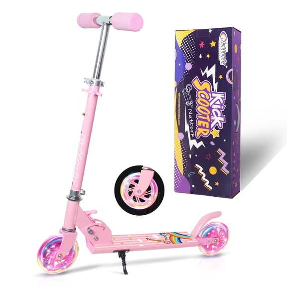 Nattork Kick Scooter for Kids Ages 3-8 – Pink Lightweight Foldable Scooters for Boys Girls with Light up Wheels, Adjustable Handlebars up to 110 lbs