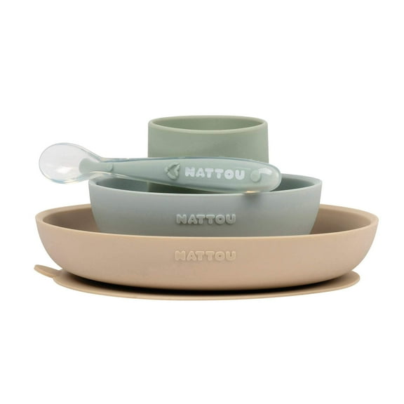 Nattou Silicone Children’s Tableware Set 4-Piece with Non-Slip Suction Plate  Bowl