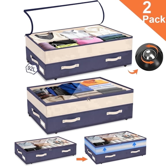 Natubeau 2 Pack 92L Under Bed Storage Containers with Wheels, Adjustable Height Organizer with Clear Top & Label Holder, Blue