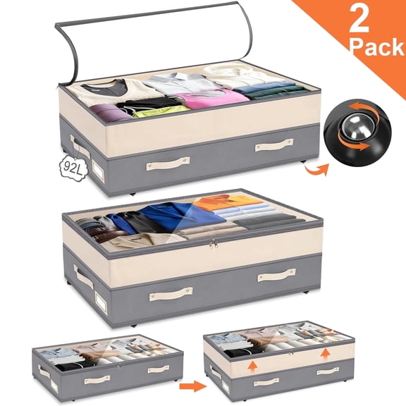 Natubeau 2 Pack 92L Under Bed Storage Containers with Wheels, Breathable Non-woven Under Bed Storage Organizers for Bedding, Clothes, Shoes, Grey