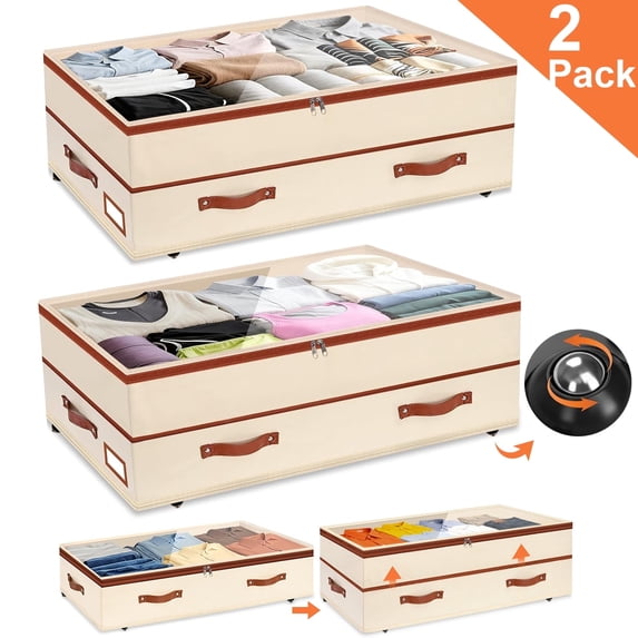 Natubeau 2 Pack 92L Under Bed Storage Containers with Wheels, Breathable Non-woven Under Bed Storage Organizers for Bedding, Clothes, Shoes, Beige