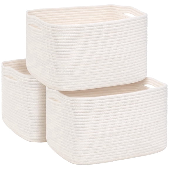 Natubeau 3 Pack Cotton Rope Woven Storage Baskets for Shelves, Foldable Organizer Bins for Toys Towels Books, White Nursery Storage Basket Shelf Organizer