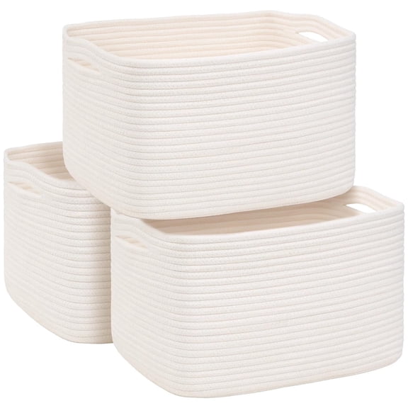 Natubeau 3 Pack Woven Storage Basket for Shelve, Cotton Rope Storage Bins for Toys Books, Nursery Towel Baskets, Shelf Baskets for Organizing, White