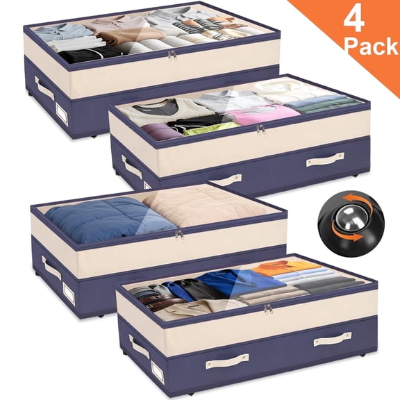 Natubeau 4 Pack 92L Under Bed Storage Containers with Wheels, Breathable Non-woven Under Bed Storage Organizers for Bedding, Clothes, Shoes, Blue