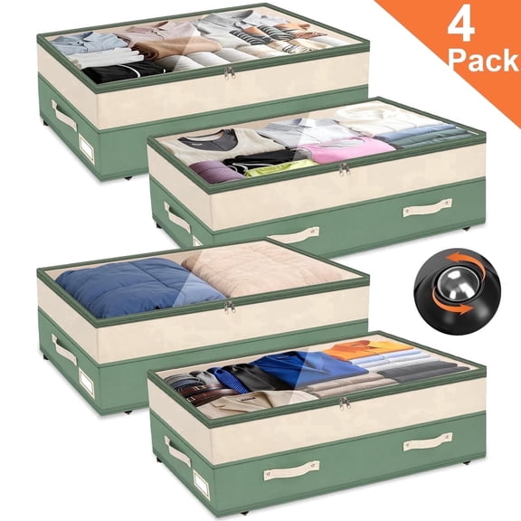 Natubeau 4 Pack 92L Under Bed Storage Containers with Wheels, Waterproof Non-Woven Under Bed Organizer with Clear Top, Handles & Label Holder for Bedding, Clothes, Shoes, Green