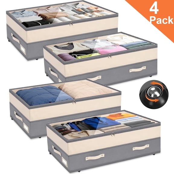 Natubeau 4 Pack 92L Under Bed Storage Containers with Wheels, Breathable Non-woven Under Bed Storage Organizers for Bedding, Clothes, Shoes, Grey