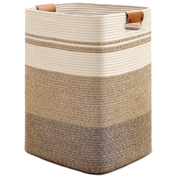 Natubeau 95L Large Cotton Rope Storage Basket, Woven Laundry Hamper with Sturdy Leather Handles, Tall Foldable Storage Bin for Nursery, Living Room, Bedroom, Blankets, Toys