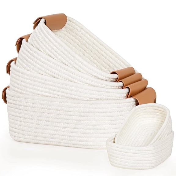 Natubeau Set of 6 Cotton Rope Woven Storage Baskets for Organizing, 4 with Leather Handles & 2 Small Gift Baskets, White Bins for Bedroom, Shelves & Nursery