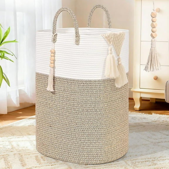 Natubeau Woven Storage Baskets, 65L Large Rectangle Laundry Hampers with Beads Tassel, Nursery Storage Basket for Toys, Cube Organizer Bins, Brown&White