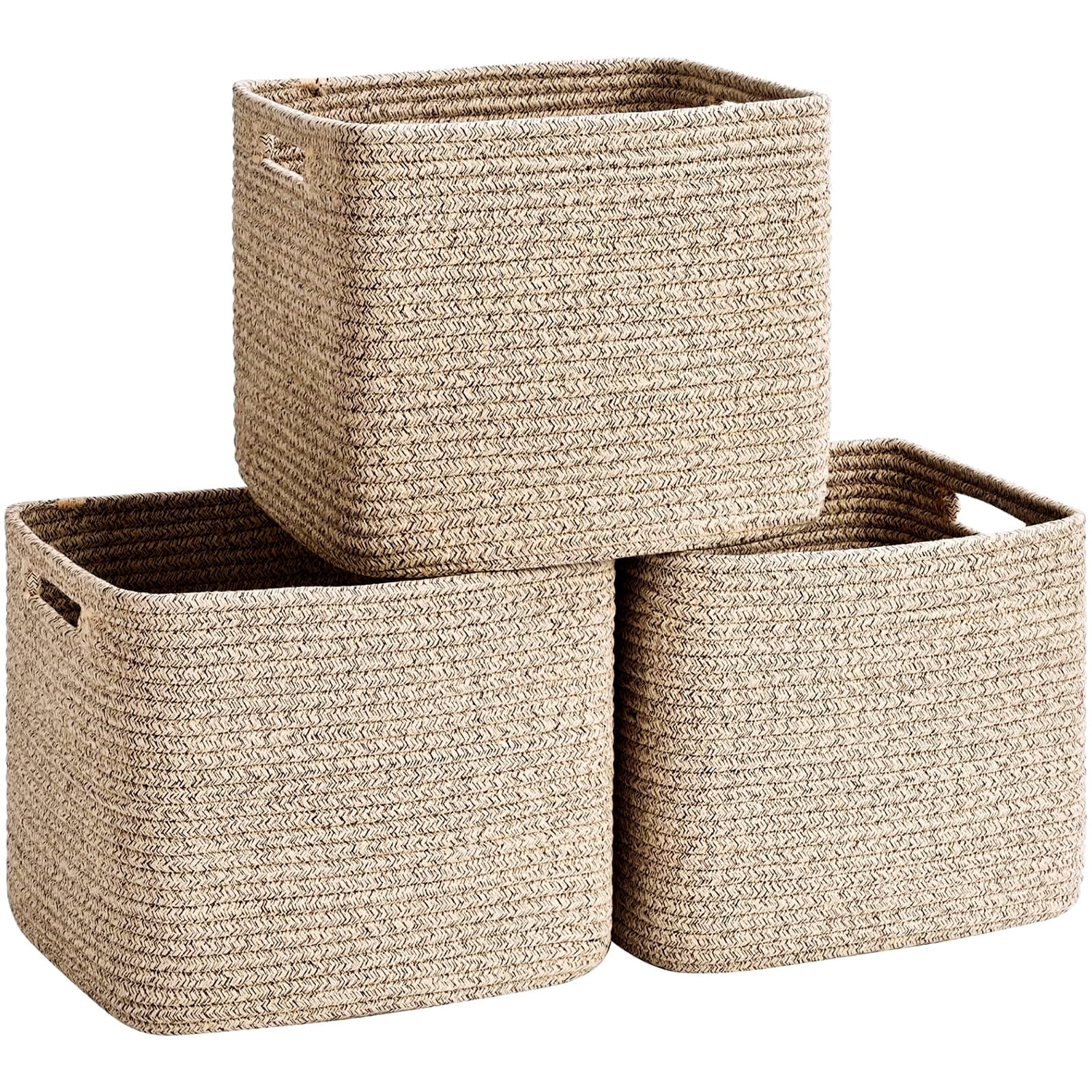 Natubeau 3 Pack Woven Storage Basket, 9"x9"x7" Cotton Rope Woven Baskets for Organizing, Cube Storage Bins for Shelves, Jute Color