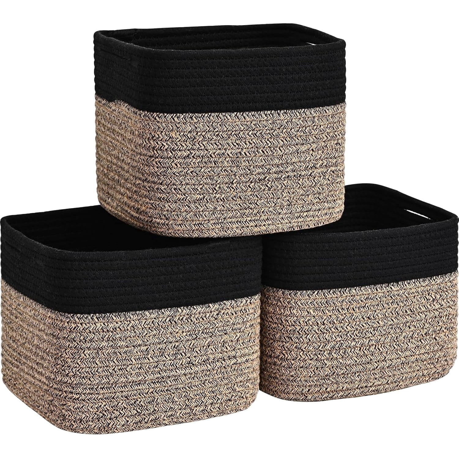 Natubeau 3 Pack Woven Storage Basket, 9"x9"x7" Cotton Rope Woven Baskets for Organizing, Cube Storage Bins for Shelves, Black & Brown