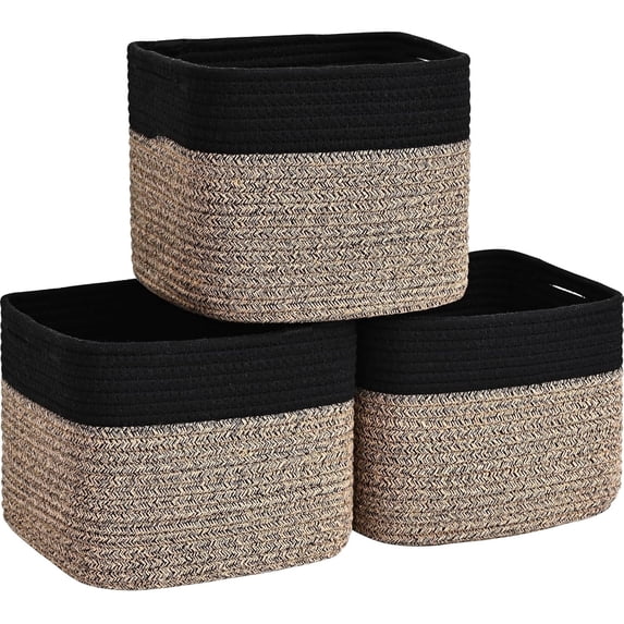 Natubeau 3 Pack Woven Storage Basket, 9"x9"x7" Cotton Rope Woven Baskets for Organizing, Cube Storage Bins for Shelves, Black & Brown