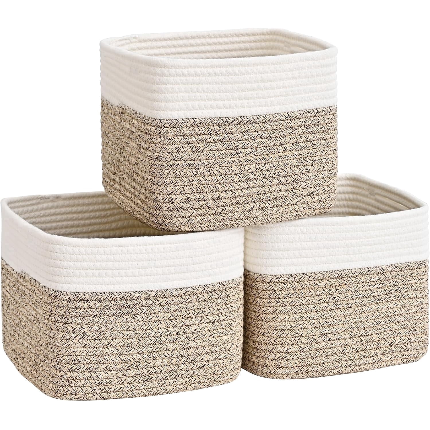 Natubeau 3 Pack Woven Storage Basket, 9"x9"x7" Cotton Rope Woven Baskets for Organizing, Cube Storage Bins for Shelves, White & Jute