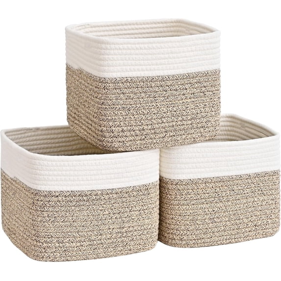 Natubeau 3 Pack Woven Storage Basket, 9"x9"x7" Cotton Rope Woven Baskets for Organizing, Cube Storage Bins for Shelves, White & Jute