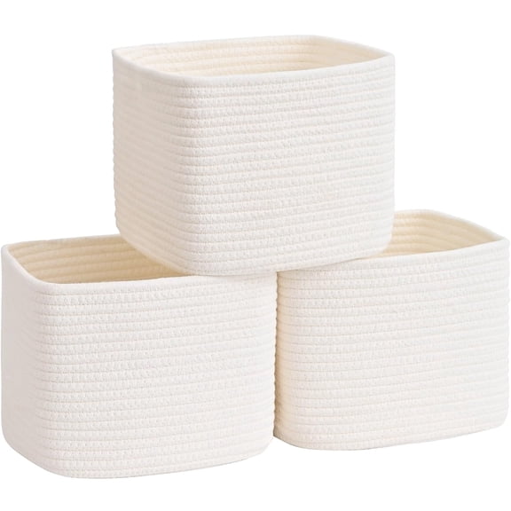 Natubeau 3 Pack Woven Storage Basket, 9"x9"x7" Cotton Rope Woven Baskets for Organizing, Cube Storage Bins for Shelves, White