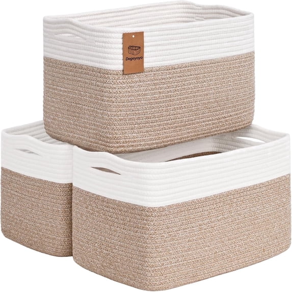 Natubeau 3 Pack Woven Storage Basket for Shelves, Cotton Rope Storage Bins for Toys Books, Storage Baskets for Organizing, 14.96"X9.8"X8.85", White&Brown