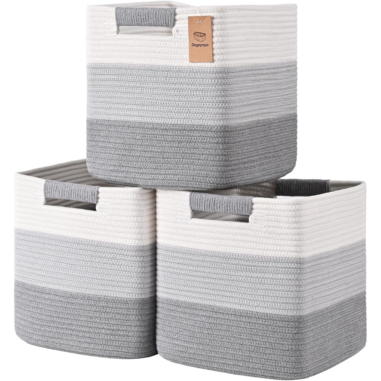 Natubeau 3 Pack Woven Storage Basket for Shelves, 11 Inch Cube Storage Bins, Cotton Rope Woven Baskets for Organizing, Gradient Grey