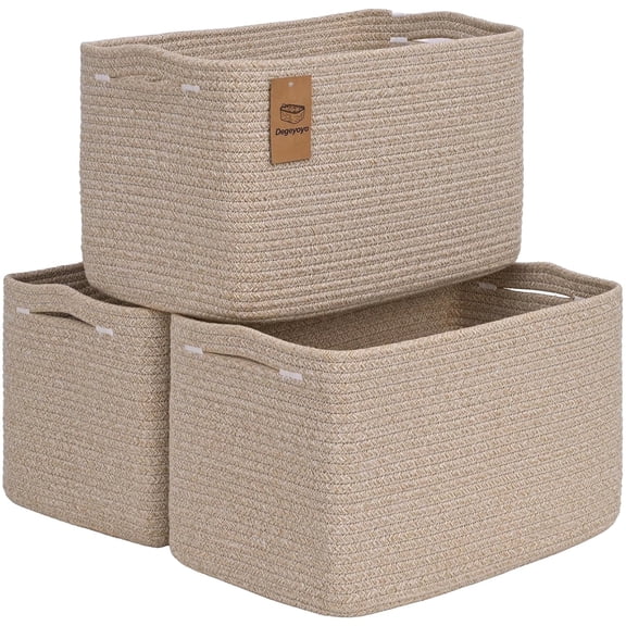 Natubeau 3 Pack Woven Storage Basket for Shelves, Cotton Rope Storage Bins for Toys Books, Storage Baskets for Organizing, 14.96"X9.8"X8.85", Brown