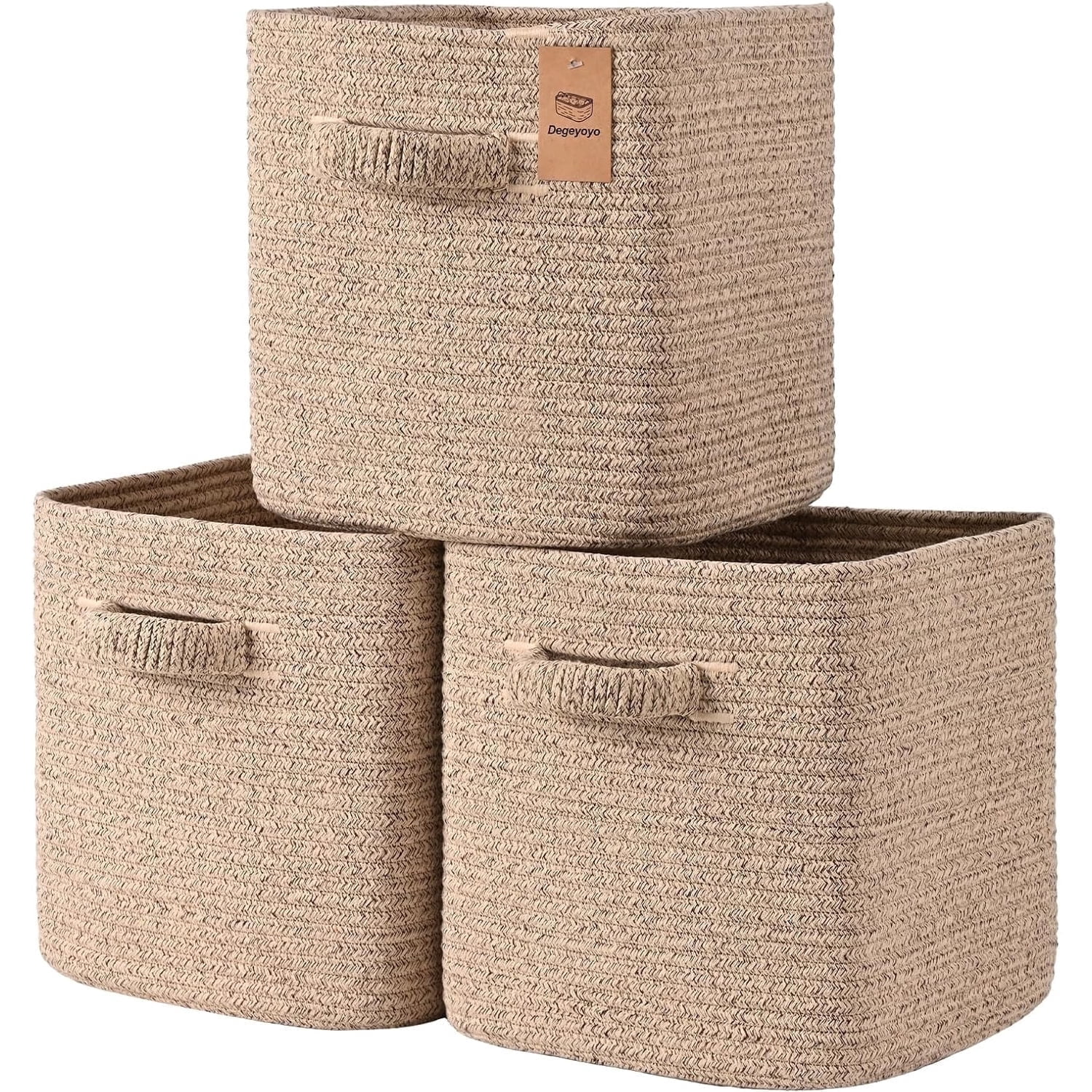 Natubeau 3 Pack Woven Storage Basket for Shelves, Cube Storage Bins, Cotton Rope Woven Baskets for Organizing, 11 Inch, Jute