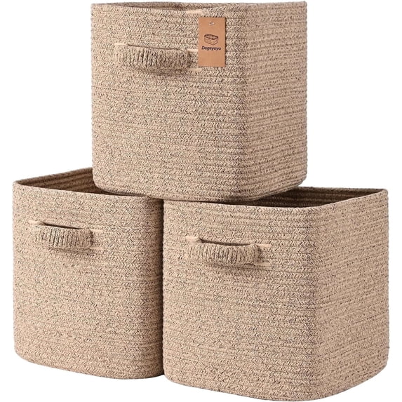 Natubeau 3 Pack Woven Storage Basket for Shelves, Cube Storage Bins, Cotton Rope Woven Baskets for Organizing, 11 Inch, Jute