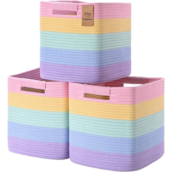 Natubeau 3 Pack Woven Storage Basket for Shelves, Cube Storage Bins, Cotton Rope Woven Baskets for Organizing, 11 Inch, Light Rainbow