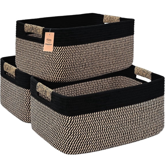 Natubeau 3 Pack Woven Storage Basket for Shelves, 29L Large Cube Storage Bins, Cotton Rope Woven Baskets for Organizing, Black, 17.5"D x 13"W x 7"H
