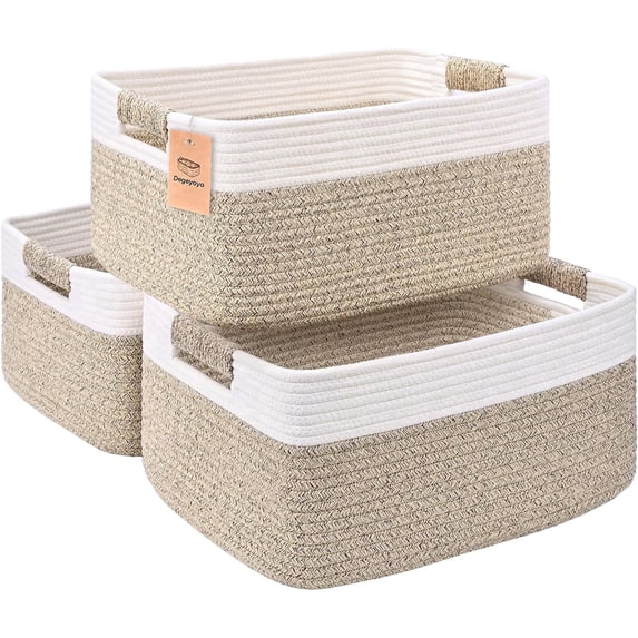 Natubeau 3 Pack Woven Storage Basket for Shelves, 29L Large Cube Storage Bins, Cotton Rope Woven Baskets for Organizing, White&Jute, 17.5"D x 13"W x 7"H