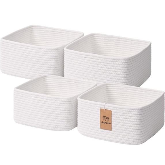 Natubeau 4 Pack Shallow Cotton Rope Storage Baskets for Shelves 10.5" x 10.5" x 5.5", Foldable Cube Storage Bins Organize Toys Snacks Diapers, Closet Bedroom Nursery Organizer, white