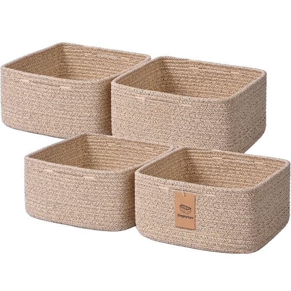 Natubeau 4 Pack Shallow Cotton Rope Storage Baskets for Shelves 10.5" x 10.5" x 5.5", Foldable Cube Storage Bins Organize Toys Snacks Diapers, Closet Bedroom Nursery Organizer, Brown