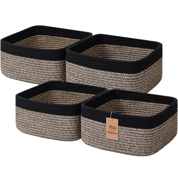 Natubeau 4 Pack Shallow Cotton Rope Storage Baskets for Shelves 10.5" x 10.5" x 5.5", Foldable Cube Storage Bins Organize Toys Snacks Diapers, Closet Bedroom Nursery Organizer, Black & Natural Jute