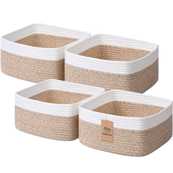 Natubeau 4 Pack Shallow Cotton Rope Storage Baskets for Shelves 10.5" x 10.5" x 5.5", Foldable Cube Storage Bins Organize Toys Snacks Diapers, Closet Bedroom Nursery Organizer, Brown & White