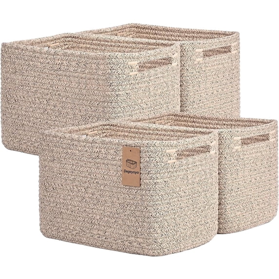 Natubeau 4 Pack Woven Storage Basket for Shelves, 13''Lx8.7''Wx7.9''H Cube Storage Bins with Handle, Cotton Rope Woven Baskets for Organizing, Brown